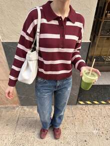 Women's Burgundy And White Striped Knit Polo Collar Short Sleeve Front Button Cardigan Top, Suitable For Autumn Daily Wear - Red - View 2