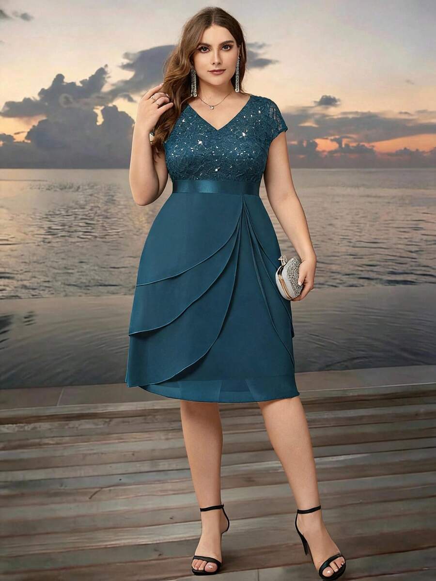 Vestido de fiesta de cóctel talla grande con lentejuelas, encaje, cuello en V, bloques de color, volantes en el bajo, gasa, para invitada de boda, ceremonia de graduación, elegante de verano