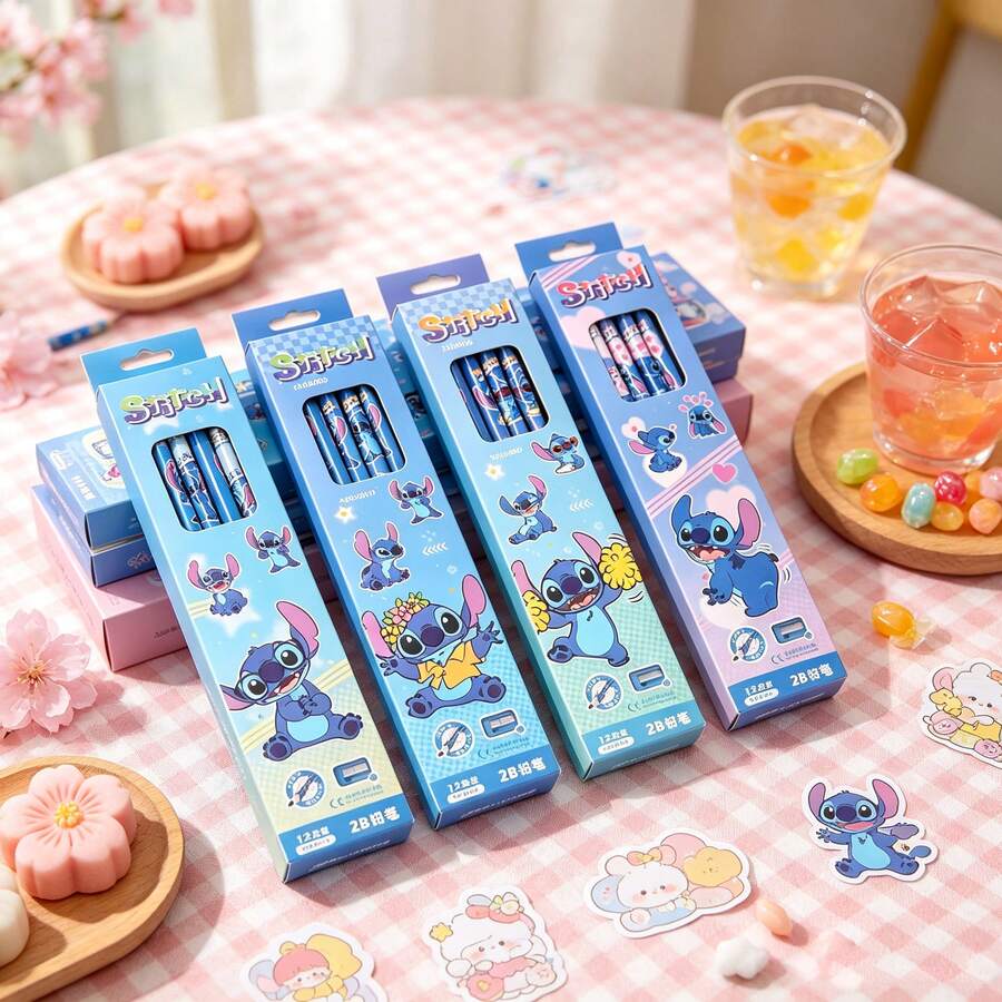 1set The Cure Cartoon Drawing Pencil Gift Box, Light Blue Gradual Change Soft Color Matching, Childlike Cartoon Pattern, Suitable For Daily Writing, Art Hand-Painted, Stationery Gifts For Children. (Stochastic Style) - Multicolor - View 1