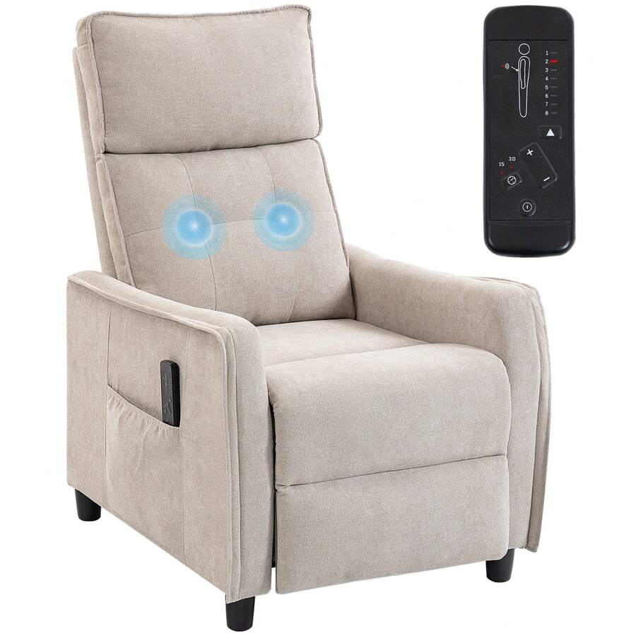 HOMCOM Sillón de Masaje, Sillón Relax Reclinable 160° con Mando a Distancia, Reposapiés, 2 Zonas de Masaje, Asiento de Muelles, Bolsillos, Tapizado en Lino Transpirable para Salón, 69x93x104 cm, Crema - Enchufe EU Tipo C(220-240V) - Ver 1