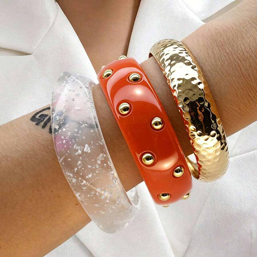 GNIT Gold & Resin Bangle Bracelets For Women, 3PCS/1pc Chunky Statement Stackable Bangles With Hammered Gold, Silver Foil & Studded Jewelry Set - Orange. Translucent. Gold - View 1