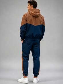 1 Set Men's Loose Brown & Navy Colorblock Sports Outfit, With Contrast Striped Joggers, Minimalist Street Style - Teal Blue - View 4