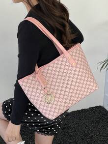 Dedoo 女款單肩托特包，滿版 M 字母印花，耐用複合面料，大容量，校園背包，大學校園 - 粉色 - 查看 9