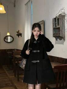 Mantel Wol Premium Kasual Longgar Lengan Panjang dengan Kerah Warna Polos untuk Wanita, Musim Gugur/Dingin - Hitam - View 2