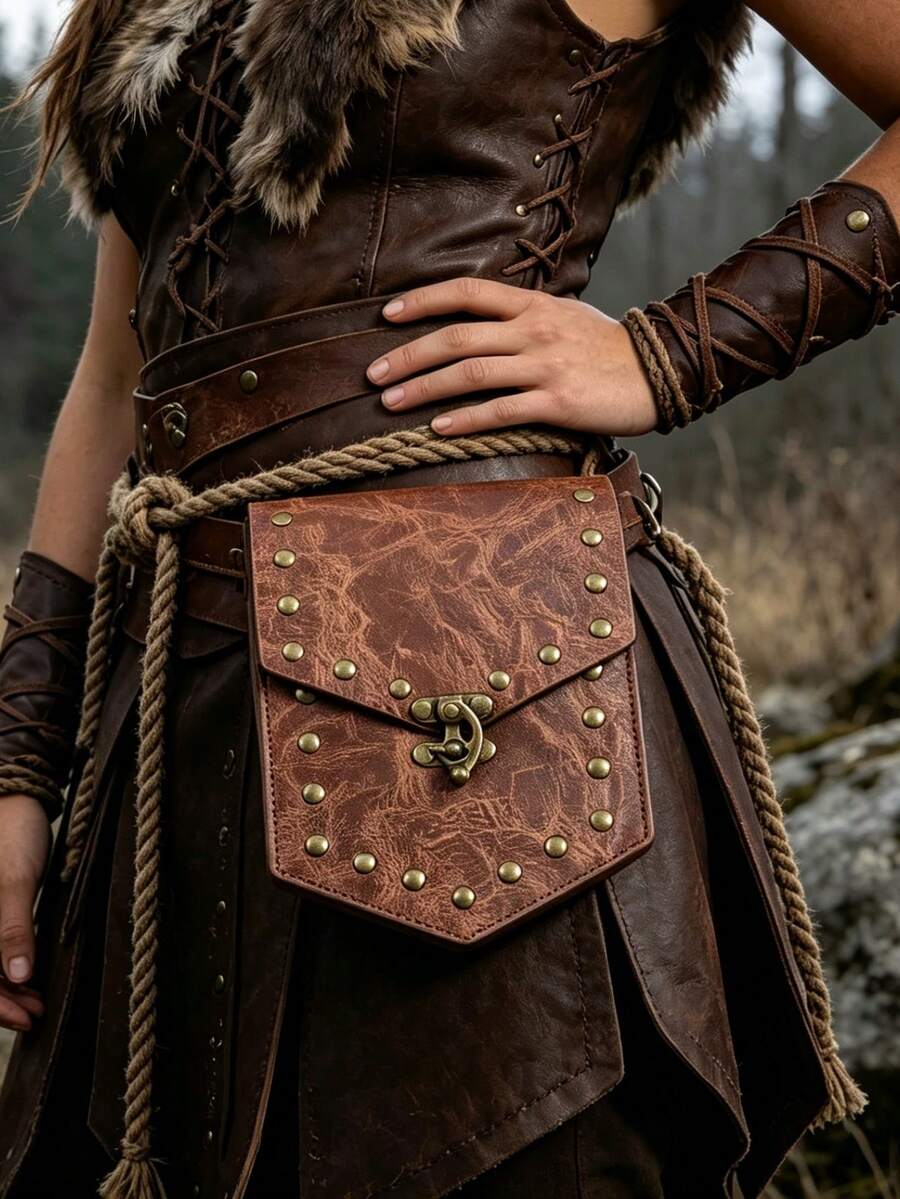 1pc Viking Style Medieval Waist Bag With Textured Design - Brown/Black Renaissance Coin Purse And Dice Pouch, Perfect For LARP, Halloween, Thanksgiving And Christmas Cosplay Costume Props, Gothic Wallet - ZSJ - View 1