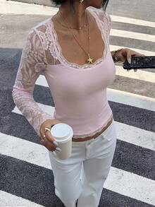 女款對比色蕾絲方領長袖針織上衣，秋季服飾 - 淺粉色 - 查看 10