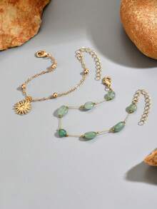 2pcs/Set Stainless Steel Niche INS Green Round Stone With Gold Sun Pendant Chain Bracelet, Fashion Versatile Hand Jewelry For Women, Suitable For Daily Wear, Photography, Travel And Outings - Multicolor - View 3