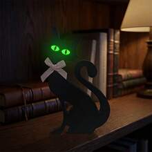 1pc Wooden Black Cat Tabletop Sign Decor, With Pink Bow And Green Cat Eyes Glow In Dark Sticker Decoration, Autumn Halloween Household Desk Shelf Party Supplies. - Multicolor - View 9