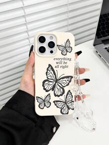 1pc White Lychee Texture Matte Minimalist Butterfly Painted Anti-Fall Phone Protective Case With Phone Lanyard Compatible With IPhone 17pro/17Air/17/17promax/16/11/16pro/16plus/16promax/16e/15Promax/13/14/12/XS/XR/7G/8P, Anti-Fall Phone Protective Case - Multicolor - View 4