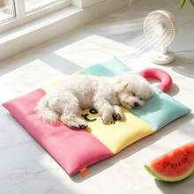 1Pc Red Yellow Blue Color Block Cartoon Face Pet Bed Mat With Carry Handle, Thick Soft Waterproof Foldable Washable Sleeping Cushion, Portable Rest Pad For Small Medium Dogs Cats Indoor Car Travel Home Sofa Use - Blue - View 2