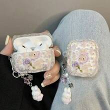 1pc Cute Floral Bunny Print Earphone Protective Case With Plush Bunny Charm, Purple Flower Clear Shockproof TPU Wireless Earbud Cover 1/2/3/4/Pro/Pro2(Nd)/Pro(3rd) - Mauve Purple - View 5