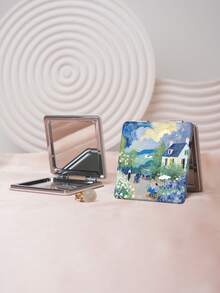 1 pieza Espejo de tocador portátil de la serie de pintura al óleo de paisaje, espejo de mano plegable ligero y ultrafino, cuero PU, adecuado para múltiples ocasiones y todas las personas, espejo cuadrado plegable para llevar - Multicolor - Ver 2