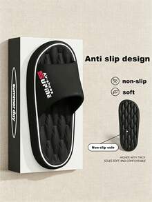 Fashionable New Men's Slippers, Diagonal Letter Patch Design Sporty Style, Unisex Couple Home Slippers, Suitable For Beach/Indoor/Outdoor Sports/Poolside, Comfortable For Long Wear, Casual Versatile Style - Black - View 2