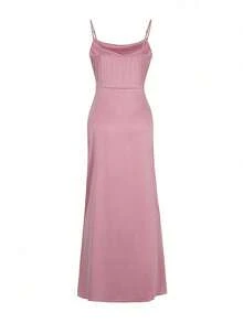 Minimal Satin Vacation Slip Midi Long Dress Graduation Commute Travel Vacation City Trip Leisure Brunch Wear - Pink - View 4