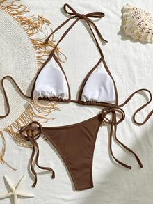 Bikinx Conjunto de bikini con triángulo de copa y decoración de cinta de satén y concha de unicolor para mujer, adecuado para vacaciones en la playa en verano - Café integral - Ver 5