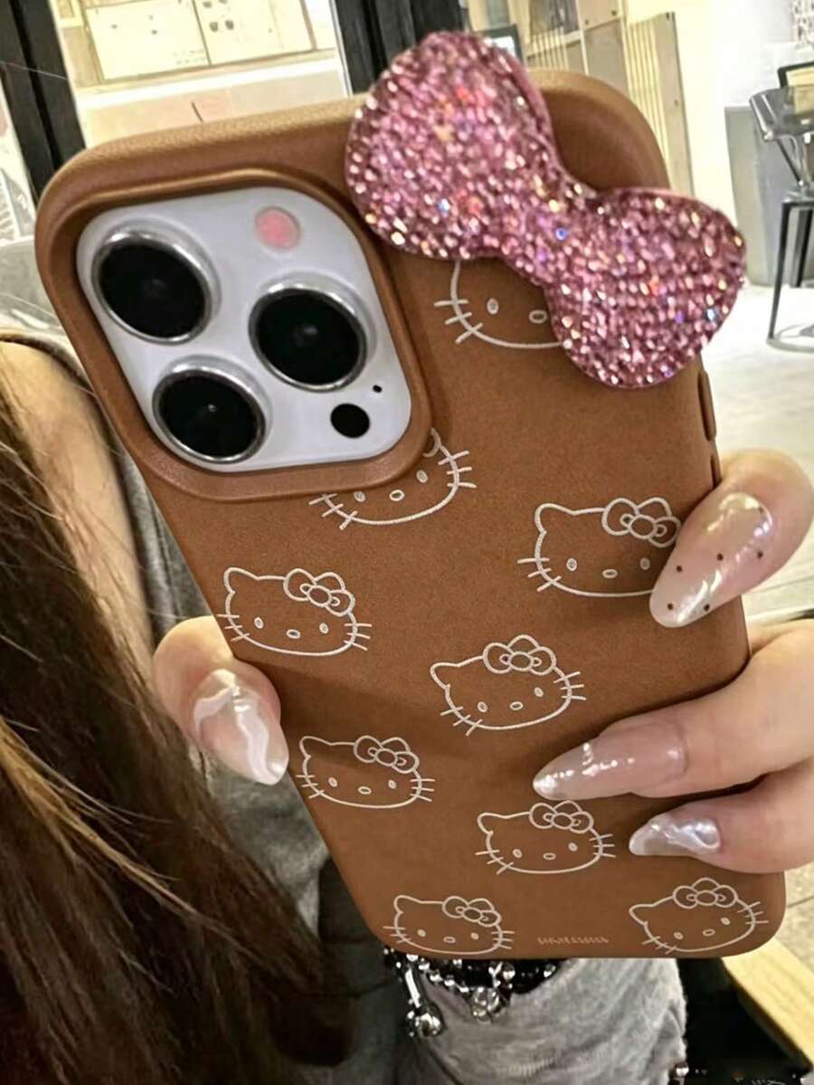 Sanrio 卡通蝴蝶結 Hello Kitty 蘋果 16 Pro Max 手機殼,粉色女孩保護殼,相容 iPhone 17/15 Pro Max/14/13/12,全包覆 - 棕色 - 查看 1