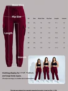 Spring/Autumn New Plus Size Women's Fashionable Versatile Solid Color Minimalist Pocket Elastic Waist Drawstring Cargo Pants, Lightweight Polyester Slightly Stretchy Soft Fabric - Burgundy - View 8