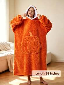 Hooded Pumpkin Wearable Blanket Bathrobe, Suitable For Cold Weather, Multiple Colors Available: Beige, Light Gray, Navy Blue, Orange Red, Pumpkin Embossed Pattern, Heavyweight Thickened Flannel Lining With Lamb Fleece, Long Pile Texture - Multicolor - View 3