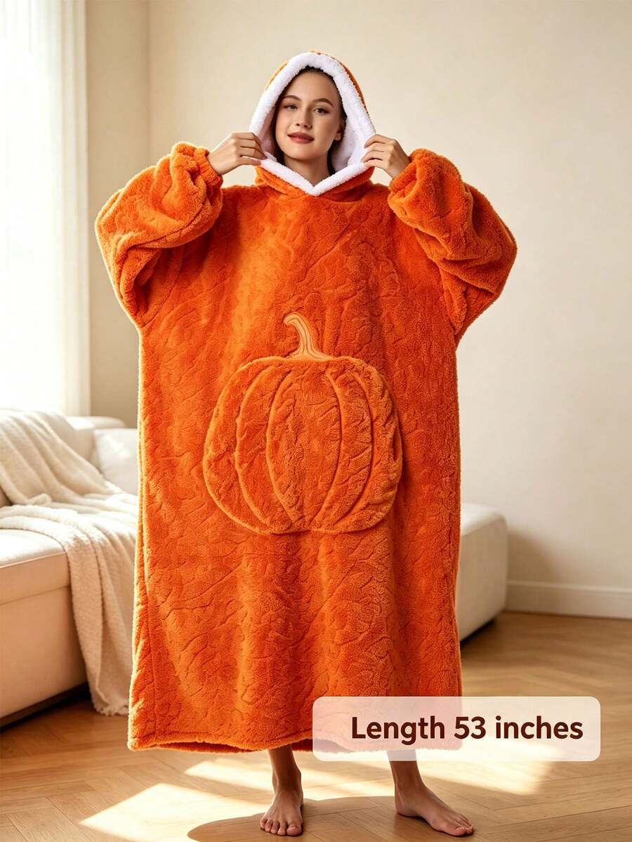 Hooded Pumpkin Wearable Blanket Bathrobe, Suitable For Cold Weather, Multiple Colors Available: Beige, Light Gray, Navy Blue, Orange Red, Pumpkin Embossed Pattern, Heavyweight Thickened Flannel Lining With Lamb Fleece, Long Pile Texture - Multicolor - View 1