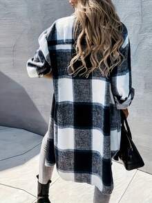 Long Plaid Shacket Women, Collared Button Down Oversized Long Flannel Coat For Women's Vacation, Concert, Birthday Daily Street Casual Outfits - Blue - View 2
