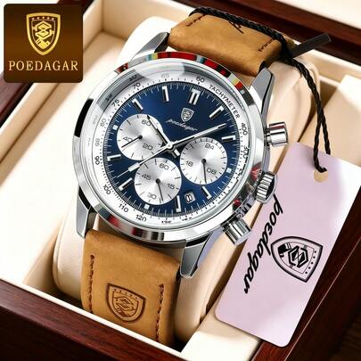 Đồng hồ nam POEDAGAR thời trang đa năng chronograph bằng thép không gỉ máy quartz, quà tặng cho doanh nhân, sinh nhật, lễ hội, Halloween, tựu trường