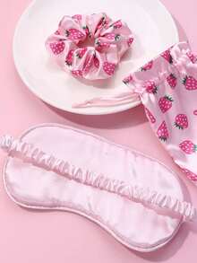 Cute Strawberry Print Travel Beauty Accessories,Eye Mask + Hair Scrunchie + Drawstring Pouch + Clear Makeup Bag + Heart Mini Mirror,Women Portable Travel Beauty Accessories Set,Beauty Products,Souvenir, For Travel,Back-To-School,Gifting,Home Use - Multicolor - View 7