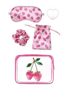 Cute Strawberry Print Travel Beauty Accessories,Eye Mask + Hair Scrunchie + Drawstring Pouch + Clear Makeup Bag + Heart Mini Mirror,Women Portable Travel Beauty Accessories Set,Beauty Products,Souvenir, For Travel,Back-To-School,Gifting,Home Use - Multicolor - View 15