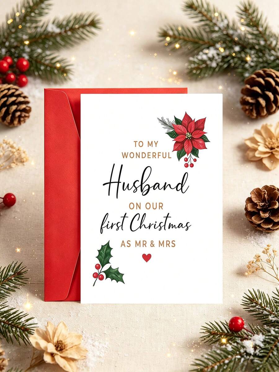 1pc "Our First Christmas As Mr & Mrs" Christmas Card With Envelope - Romantic Festive Greeting For Husband, Blank Inside - A - View 1