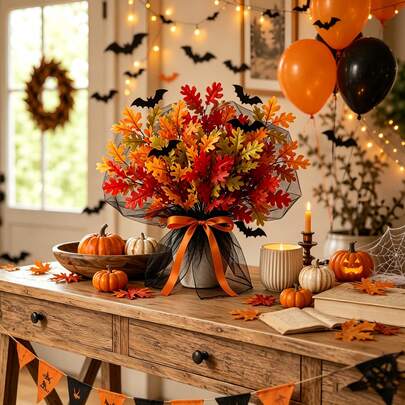 12pcs Halloween Artificial Maple Leaves, Real Touch Lifelike Fall Fake Leaf Ornaments, Natural Nordic Style Faux Foliage, Thanksgiving Bedroom Bathroom Indoor Outdoor Home DIY Floral Decor Gift Accessories