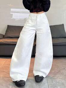 1pc American Street Style Embroidered Women's Cocoon Wide Leg Jeans, Loose Comfortable All-Season Long Pants (This Product Does Not Include Belt/Accessories) - White - View 2