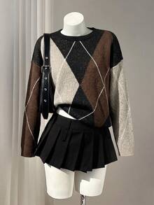 Argyle Color Block Crew Neck Oversized Knit Sweater, Long Sleeve Drop Shoulder Loose Pullover, Women Vintage Fall Casual Top - Multicolor - View 4