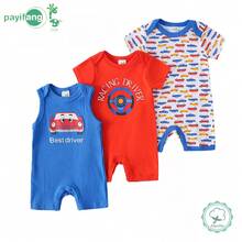 Conjunto 3 Macacões Curtos Masculinos Estampa Carros de Corrida, 100% Algodão, roupa de verão para bebê recém-nascido - Vermelho - Visão 8