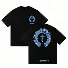 Summer Clothes Summer Tops (220 Cotton T-Shirt Double-Sided Printing) White 1pc Flame & Star Graphic T-Shirt, Y2K, Streetwear, Digital Print T - Shirt - 黑色 - 查看 12