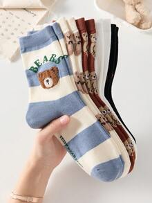 5 pares de calcetines de mujer con combinación multicolor, calcetines de media pantorrilla con doble capa de oso de peluche aterciopelado & patchwork a rayas, nuevo estilo para todas las estaciones - Multicolor - Ver 10