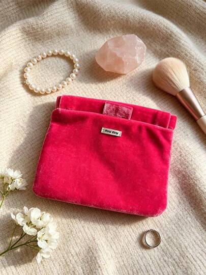Miu Miu Vibrant Red Faux Velvet Spring Snap Closure Toiletry Bag With Metal Brand Tag For Office Commute Date Night Mother's Day Anniversary Present MIUMIU-GIFT-28
