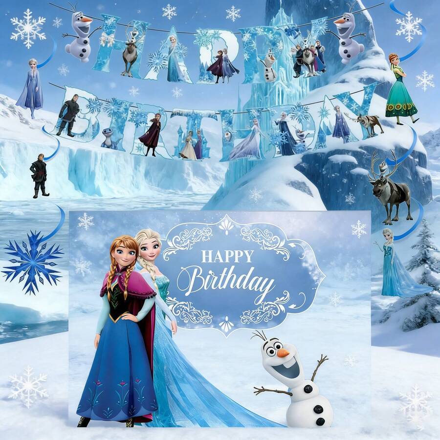 Themed Birthday Party Decoration Set, Ice Cave Happy Birthday Backdrop, Double-Layer Character Banner, Hanging Spiral Decorations, Anna Snowman Winter Princess Wall & Ceiling Decor - Multicolor - View 1