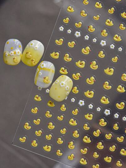 1 Sheet Jelly Translucent Embossed Mini Duck Nail Stickers, 3D Raised Self-Adhesive Nail Decals With Yellow Duck, White Duck And Mini Water Drops, Cute Playful Daily Nail Art Decoration