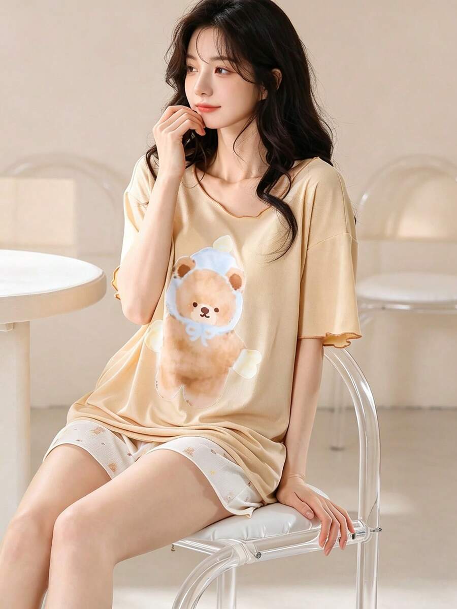 AICJ 两件套舒适女士睡衣套装 - 卡通熊和领结樱花印花短袖圆领T恤和短裤，针织面料，宽松版型，休闲舒适，适合春夏及孕妇穿着。 - 彩色 - 查看 1