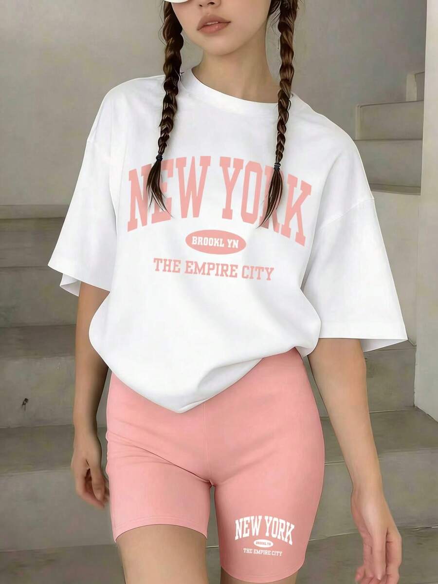 Tween Girl Letter Print Short Sleeve T-Shirt And Shorts Set - Pink - View 1