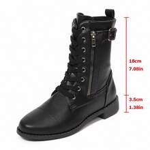 Women's Black Autumn/Winter Warm Fleece Lined Solid Color Basic Lace-Up Side Zipper Short Boots, Suitable For Autumn/Winter Outdoor Parties - Black - View 3