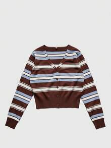 Women's Vintage Striped Short Cardigan Sweater, Long Sleeve, Ribbed Knit Hem, V-Neck, High Elastic Polyester Fabric, Suitable For Autumn/Winter Outfits, Versatile Casual Style - Brown - View 5