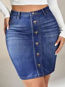 Rok A-Line Wanita Motif Efek Denim, Potongan Ramping Elegan - Biru - View 1