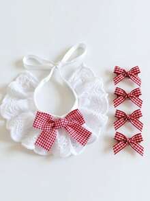 5pcs Set - Suitable For Puppies And Kittens - Soft Plaid Collar Bow Hair Clip Set - Includes Adjustable Bib - Bow Tie Clip - Puppy Plaid Dog Collar - Kitten Bib - Comfortable Pet Clothing - Suitable For Photography And Daily Wear - Multicolor - View 13