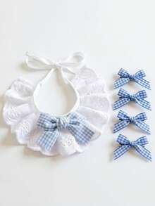 5pcs Set - Suitable For Puppies And Kittens - Soft Plaid Collar Bow Hair Clip Set - Includes Adjustable Bib - Bow Tie Clip - Puppy Plaid Dog Collar - Kitten Bib - Comfortable Pet Clothing - Suitable For Photography And Daily Wear - Multicolor - View 12