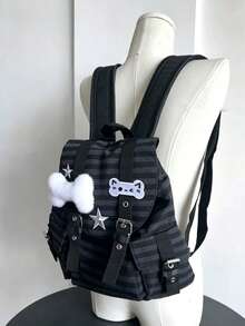 開學季小眾設計 Ins風 通勤外出日常購物 Y2K 骨骼貓爪小貓 Techwear 復古日系條紋大容量百搭學生背包 - 深灰色 - 查看 8