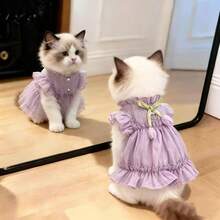Light Purple Frill Trim Pet Harness Dress With Leash Buckle, Bow And Small Flower, Breathable Thin Outfit For Small Dogs, Bichon, Teddy - Purple - View 7