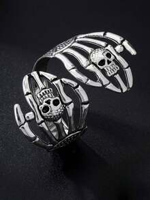 XYHEALER 1 Set Halloween Skeleton Hand Bone Bracelet And Ring Set, Vintage Silver Skeleton Open Cuff Bracelet And Adjustable Wrap Ring, Gothic Punk Style Women's Jewelry Gift - Multicolor - View 11