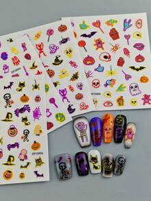 4 Folhas de Adesivos de Unhas com Tema de Halloween Brilha no Escuro, Decalques de Arte de Unhas Gótica Bruxa Fantasma para Manicure DIY, Festa Noturna e Fantasia de Halloween - Multicolorido - Visão 4