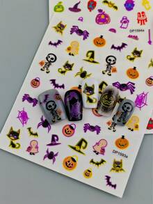 4 Folhas de Adesivos de Unhas com Tema de Halloween Brilha no Escuro, Decalques de Arte de Unhas Gótica Bruxa Fantasma para Manicure DIY, Festa Noturna e Fantasia de Halloween - Multicolorido - Visão 7
