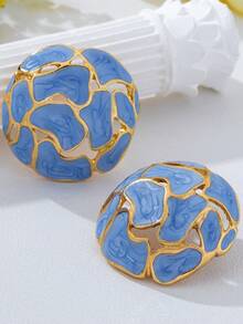 1 Pair Vintage French Style Colorful Enamel Stud Earrings, Gold Foil Cracked Design Hemisphere Earrings, Gentle Elegant Versatile Style - Baby Blue - View 3